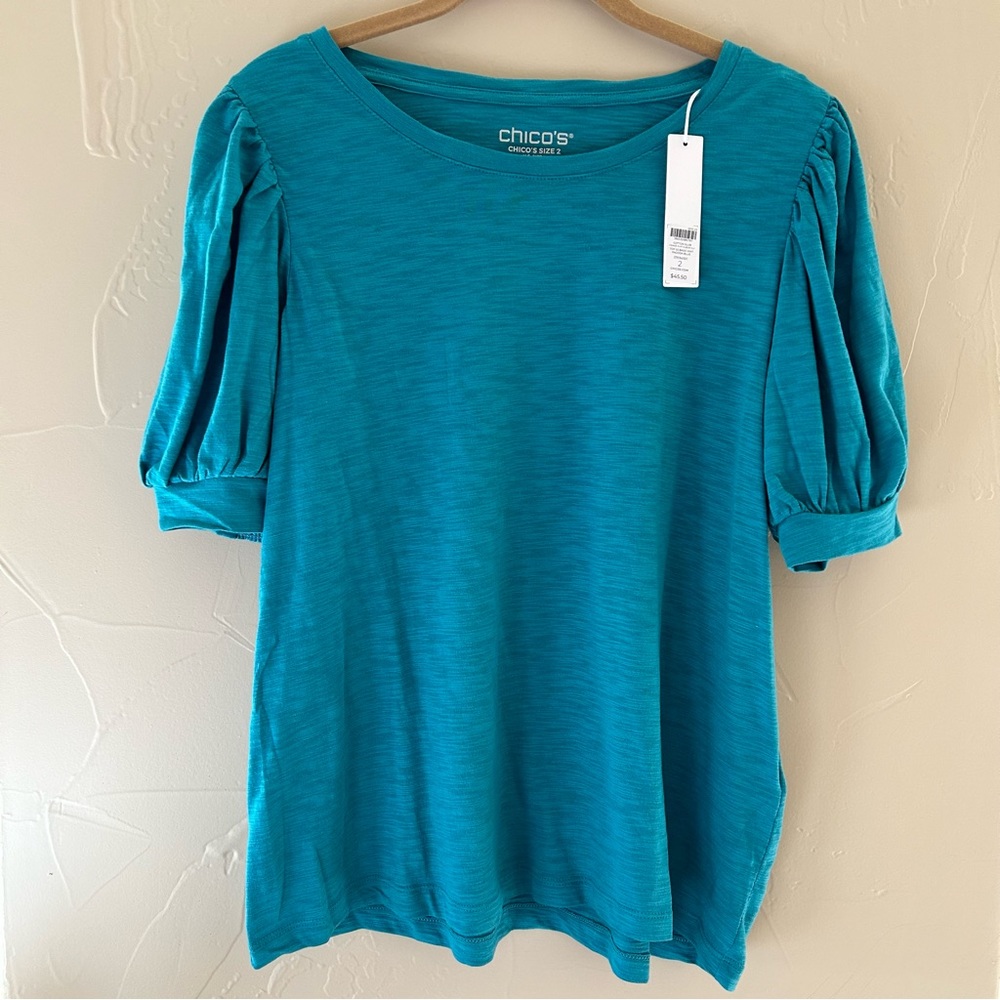 NWT Chico’s Cotton Slub Short Sleeve Tee Beautiful Blue/Green